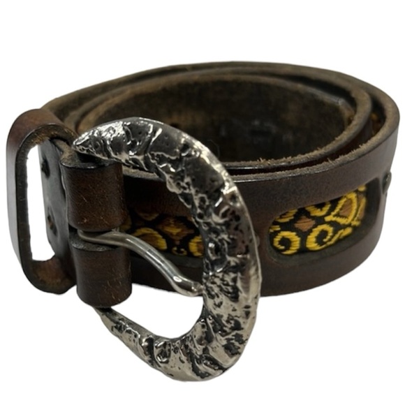 VTG Chunky Leather Studded Jacquard Belt, Wide Unisex Bohemian Tapestry Moto - Picture 2 of 12